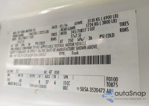 2016 Ford F-150 Xl z USA, uszkodzony, nr VIN 1FTEX1CF2GFB02852